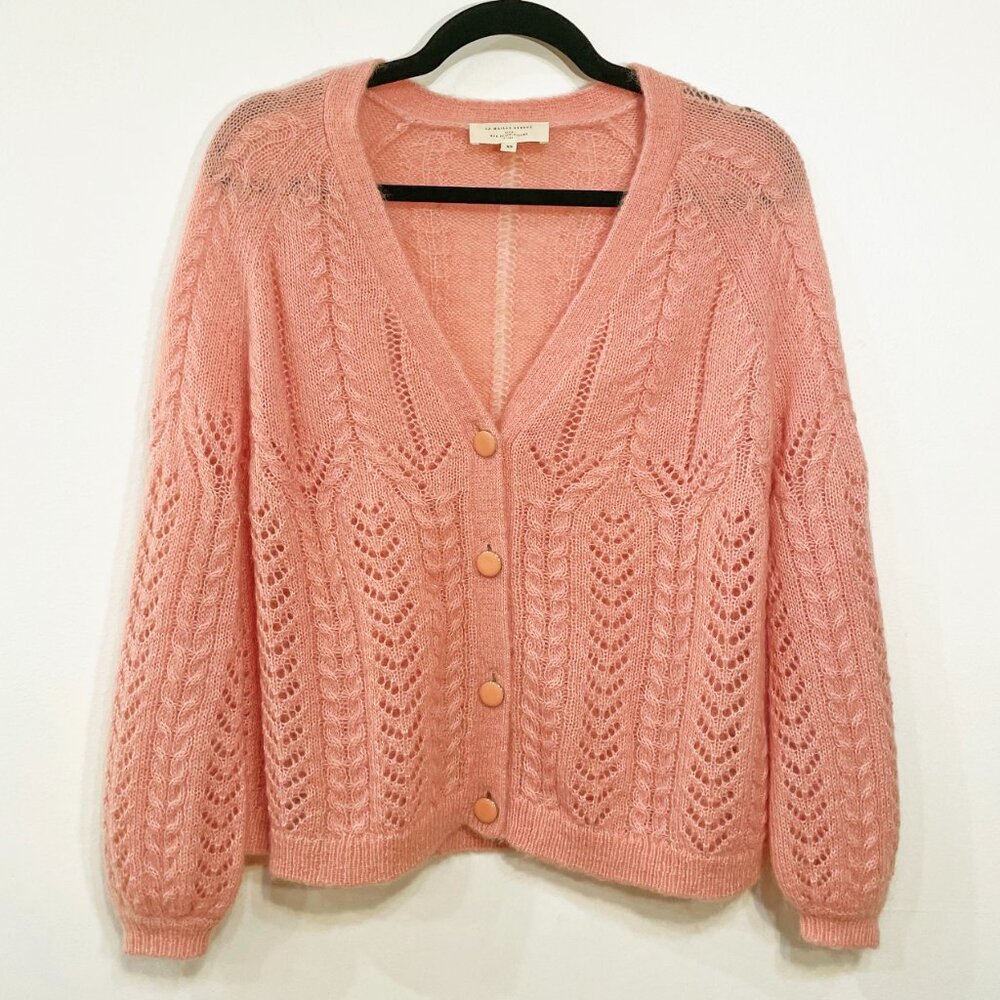 EUC Sezane Augustino Mohair Wool Fancy Knit Cardigan Peach Pink XS - Picture 2 of 8